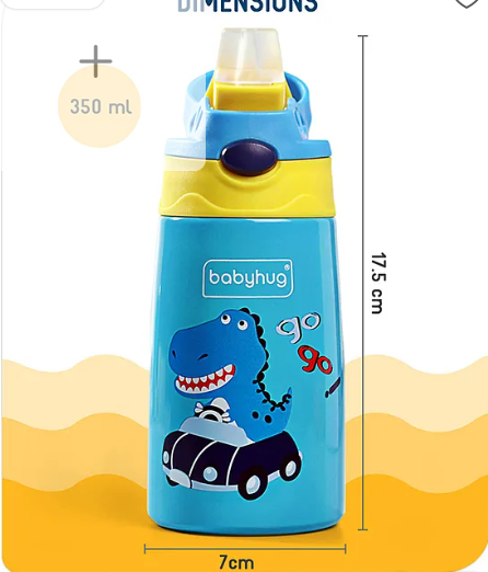 Babyhug Stainless Steel Insulated Sipper Bottle Dino Print Blue - 350 ml| Soft Silicon Spout| 304 Grade SS| Hygienic Flip Cap| Stylish Handle| Odar Free - Image 3