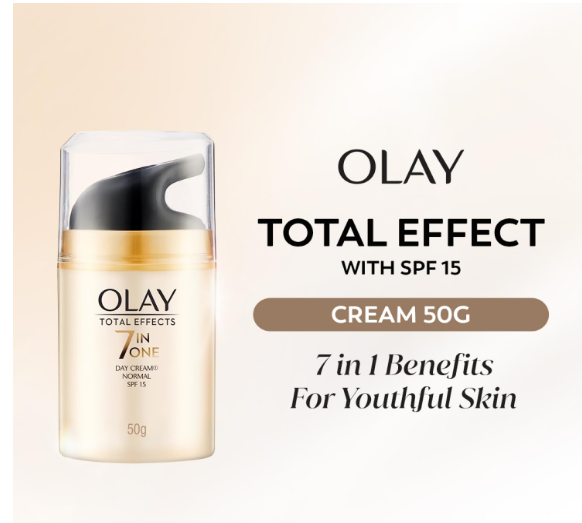 Olay Total Effects Day Cream |with Vitamin B5, Niacinamide, Green Tea, SPF 15 |Fights 7 signs of ageing for glowing, hydrated and younger looking skin with UV protection |Suitable for Normal, Dry, Oily & Combination skin |50 gm
