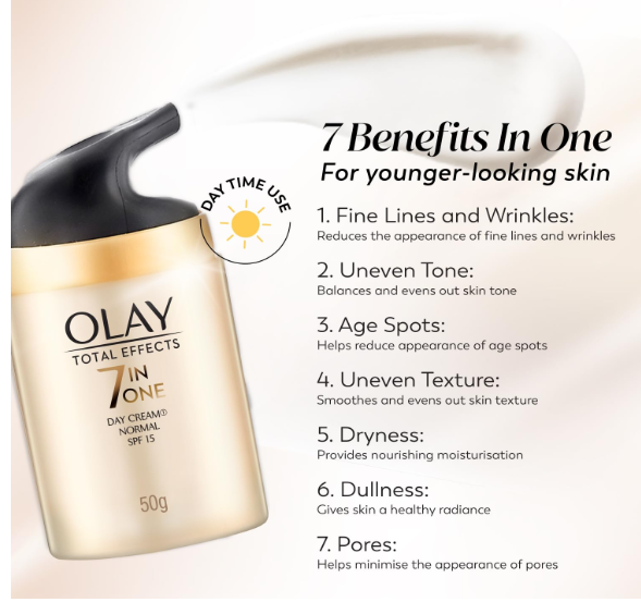Olay Total Effects Day Cream |with Vitamin B5, Niacinamide, Green Tea, SPF 15 |Fights 7 signs of ageing for glowing, hydrated and younger looking skin with UV protection |Suitable for Normal, Dry, Oily & Combination skin |50 gm - Image 3
