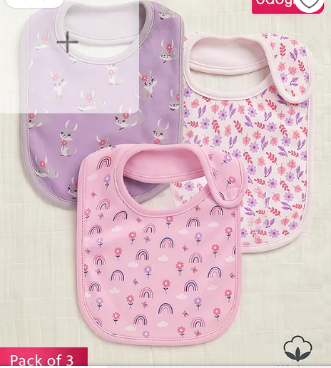 Babyhug 100% Interlock Cotton Velcro Closure Bibs Pack of 3 Rabbit, Rainbow & Floral Print Soft & Skin Friendly High Absorbent Material| Machine washable Newborn & Infant Feeding Essential.