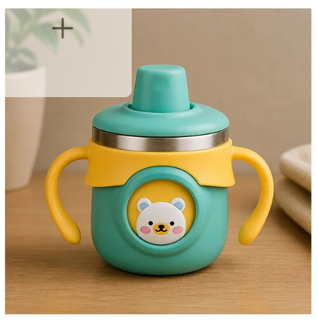 The little lookers Stainless Steel Sipper Bottle/Sippy Cup for Babies/Kids | Heat-Sensitive Nozzle Indicator | Spill-Resistant | Sipper with Straw | BPA-Free | Easy Grip Cup (Green- 260ml)