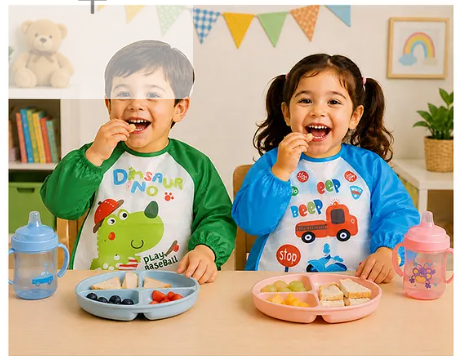 The little lookers The Little Lookers Full Sleeves Washable PVC Waterproof Bibs Pack Of 2 - Green Blue - Image 3