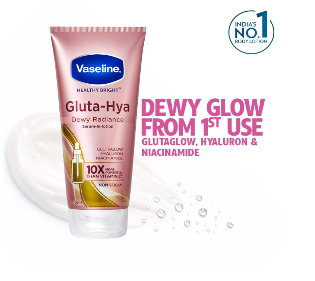 Vaseline Gluta-Hya Dewy Radiance Lotion for Face & Body | Gives Brighter Skin | Glutathione & Niacinamide Infused Moisturizer, 200ml