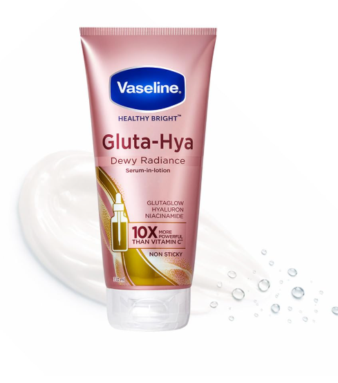 VASELINE Gluta Hya Dewy Radiance Body Lotion, 330 ml, for Dewy Glowing Skin from 1st Use, with Glutathione, Hyaluron & Niacinamide, Non-Sticky Serum Burst Texture, for Women