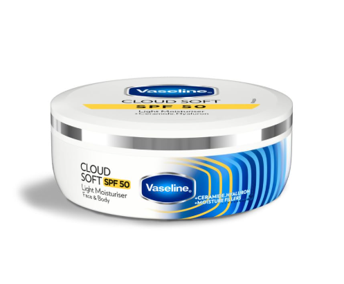 VASELINE Cloud Soft SPF 50 PA ++++ Light Moisturiser, 100 ml, for Soft and Bouncy Skin, with Ceramides & Hyaluron Moisture Fillers, Non-Sticky and Lightweight, Broad Spectrum Protection