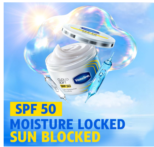 VASELINE Cloud Soft SPF 50 PA ++++ Light Moisturiser, 100 ml, for Soft and Bouncy Skin, with Ceramides & Hyaluron Moisture Fillers, Non-Sticky and Lightweight, Broad Spectrum Protection - Image 2