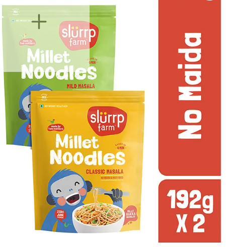 Slurrp Farm No MSG, Not Fried Hakka Noodles Classic and Mild Masala Millet Noodles, Pack of 2 - 192 gm Each