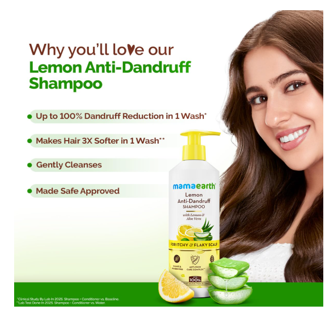 Mamaearth Lemon Anti-Dandruff Shampoo with Lemon, ZPTO, Climbazole, Aloe Vera for Itchy & Flaky Scalp | Upto 100% Dandruff Reduction & 3X Softer Hair in 1 Wash | Soothes Scalp | Reduces Frizz | 400 ml - Image 2