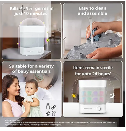 Avent Philips Advanced Electric Steam Sterilizer | Kills 99.9%* germs in 10 mins Cycle with Natural Steam Sterilization I Stays Sterile up to 24hrs - Image 4