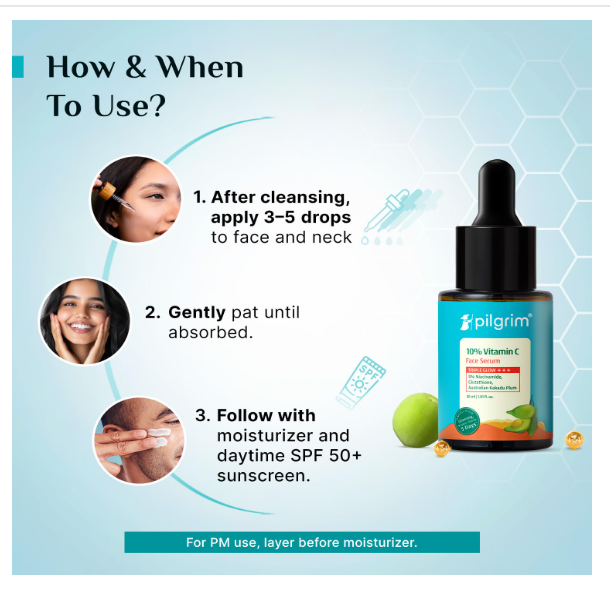 Pilgrim 10% Vitamin C Serum 30ml for Glowing Skin|With 5% Niacinamide, Hyaluronic & Glycolic Acid|Fades Dark Spots, Pigmentation|For All, Oily, Combination, Normal Skin |Beginner Friendly - Men, Women - Image 2