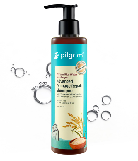 Pilgrim Korean Rice Water & Collagen Advanced Damage Repair Shampoo - 200ml | with 17 Amino Acids, Wheat Protein & 5 Ceramides | Paraben-Free | For Dry & Damaged Hair | For Women and Men
