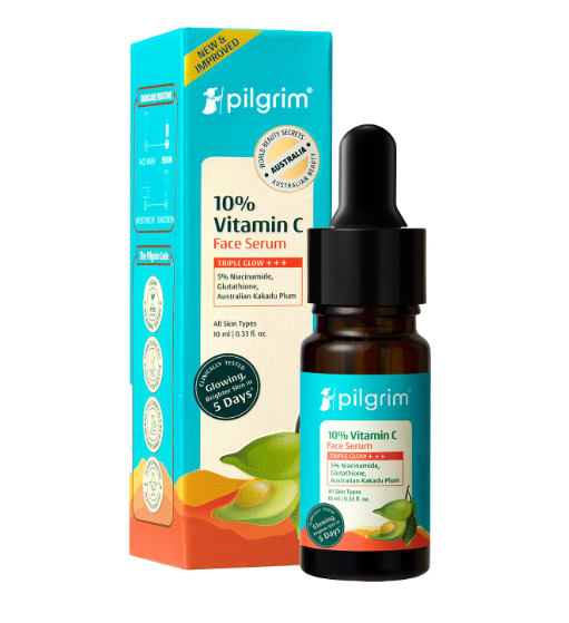 Pilgrim 10% Vitamin C Face Serum 10 ml for Glowing Skin with Niacinamide | Reduces Dark Spots & Evens Skin Tone | For Oily, Combination, Normal Skin Types | Skin Brightening Serum for Men & Women