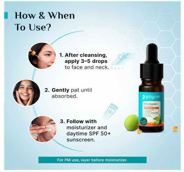 Pilgrim 10% Vitamin C Face Serum 10 ml for Glowing Skin with Niacinamide | Reduces Dark Spots & Evens Skin Tone | For Oily, Combination, Normal Skin Types | Skin Brightening Serum for Men & Women - Image 2