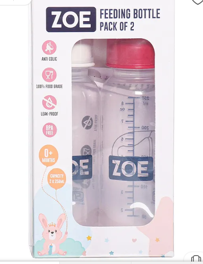 ZOE Zoe PP Feeding Bottle Pack Of 2 Pink And White - 250 ml