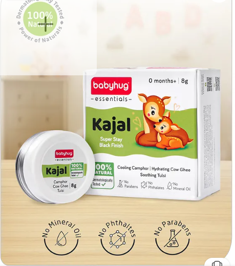 Babyhug 100% Natural Kajal - 8g| Tear-Free Formula| Baby Safe| Cow Ghee, Tulsi| Paraben Free| Super Stay Black Finish| Organic Ingredients