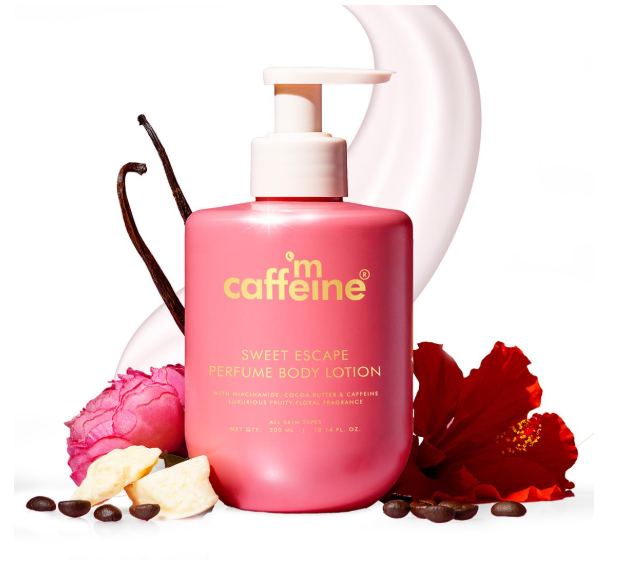 mCaffeine Sweet Escape Perfume Body Lotion 300ml| Niacinamide, Cocoa & Shea Butter | Deep Moisturization for Women & Men | Lightweight, Non-Sticky & Daily Use | Fruity-Floral Fragrance | Summer Body Cream For Dry Skin