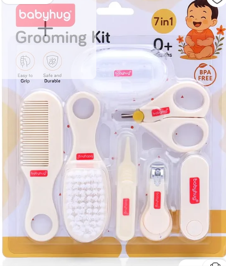 Babyhug 7-in-1 Baby Grooming kit| BPA Free| Includes Finger Brush ( with case), Nail Scissors, Comb, Hair Brush, Tweezer, Nail Clipper & Filer| Rounded Tip| Easy to Grip| Baby Friendly Tools