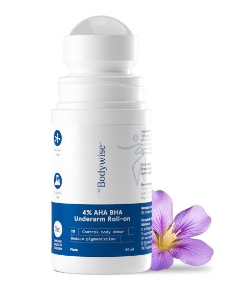 Be Bodywise 4% AHA BHA Underarm Roll-On for Even Tone Skin, 2% Lactic, 1% Mandelic and 1% Salicylic Acid, Controls Odour & Reduces Pigmentation, 0% Alcohol & 0% Aluminium, Flora Fragrance, 50ml