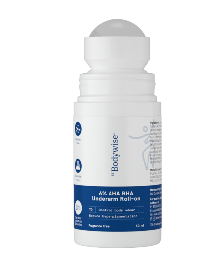 Be Bodywise 6% AHA BHA Underarm Roll On Deodorant, 50ml | 1% Mandelic, 4% Lactic, 1% Salicylic Acid | Prevents Body Odour & Fades Pigmentation | Alcohol & Aluminium Free | Fragrance-free