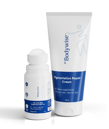 Be Bodywise Pigmentation Kit | With 4% AHA BHA Underarm Roll-On (50ml) & Pigmentation Repair Cream (100g) | Reduces Body Odor, Fades Pigmentation & Corrects Uneven Skin Tone