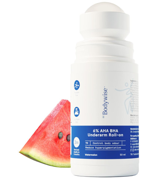 Be Bodywise 6% AHA BHA Underarm Roll On Deodorant, 50ml | 1% Mandelic, 4% Lactic, 1% Salicylic Acid | Prevents Body Odour & Fades Pigmentation for Even Tone Skin | Alcohol & Aluminum Free | Watermelon