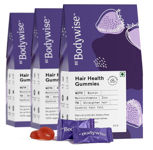 Be Bodywise Biotin Hair Gummies For Stronger, Shinier Hair & Nails | 90 Day Pack | High Potency Biotin, Zinc, Folic Acid, Fibre & Multivitamin | Strawberry Flavour | No Added Sugar, Gut Friendly