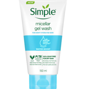 Simple Water Boost Micellar Gel Wash| 100% Soap Free | Gentle Hydrating Facewash with Prebiotics & Panthenol | Cleanser for Dry Sensitive Skin, 150 ml