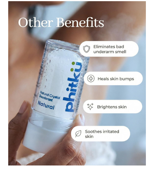 Phitku Crystal Roll On | Natural Alum | Brightens Dark Underarms, Kills Bacteria | Fragrance-Free & Alcohol Free | Men & Women | 100g - Image 2