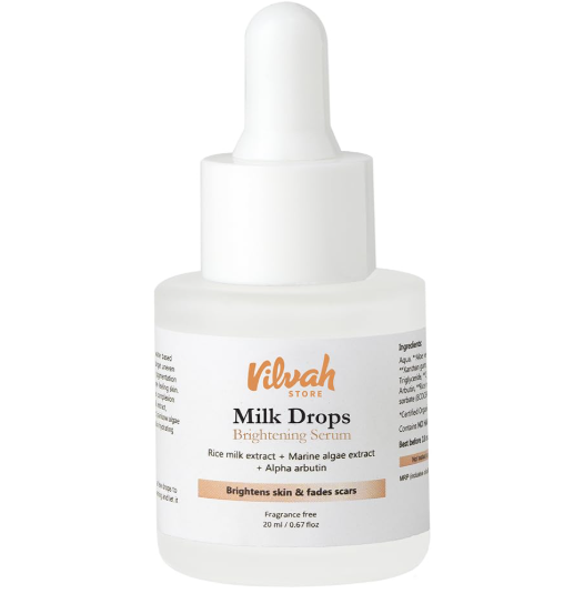 Vilvah Milk Drops Brightening Serum | Fades Dark Spots, Treats Hyperpigmentation & Evens Skin Tone | Hyaluronic Acid & Alpha Arbutin Serum for Women & Men | Suitable for All Skin Types | 20ml