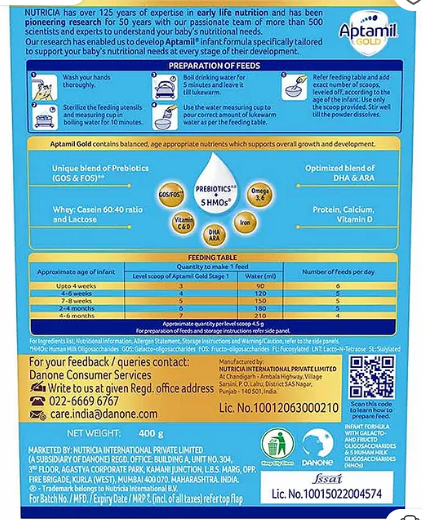 Aptamil Gold Stage 1 Formula with Prebiotics & DHA, Immune Support Infant Powder, 0-6M - 400g Box - Image 2