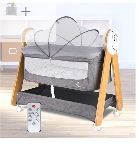 R for Rabbit Lullabies Woodsy Electric Cradle with Automatic Swing for Babies, Soothing Music, Bluetooth & Smart Timer, Lockable Wheels & Mattress for 0-12 Months Infants (Grey)