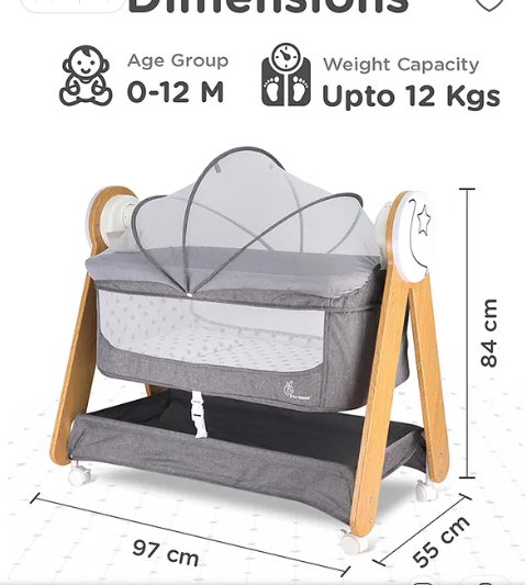 R for Rabbit Lullabies Woodsy Electric Cradle with Automatic Swing for Babies, Soothing Music, Bluetooth & Smart Timer, Lockable Wheels & Mattress for 0-12 Months Infants (Grey) - Image 2
