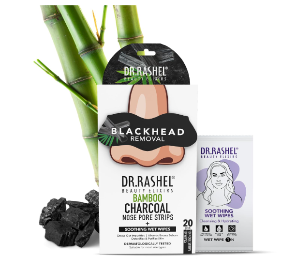 DR.RASHEL Beauty Elixirs Bamboo Charcoal Nose Pore Strips for Blackhead Removal, Activated Charcoal Deep Cleansing & Oil Control, Painless Pore Care for Men & Women, Pack of 20 (10 Strips + 10 Cleansing Wipes)