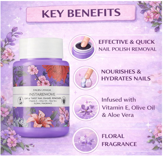 FACES CANADA InstaRemove Dip & Twist Nail Enamel Remover, 80 ml | Floral Fragrance | Vitamin E, Olive Oil, Aloe Vera | Nourishing Formula | Gentle Nail Polish Remover | Acetone Free | Cruelty Free - Image 2