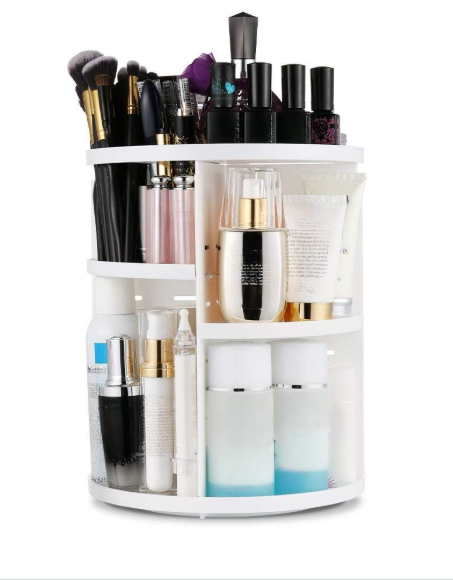 INOVERA (LABEL) Cosmetic Makeup Organizer for Women, Bride & Girls - 360 Rotating Storage Organiser Box - Dressing table Vanity Case Holder for Lipsticks, Skincare Kit & Brushes Set - White