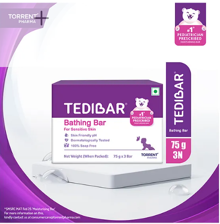 Torrent Pharma Tedibar Moisturising Baby Bathing Bar 75gx3 (Pack of 1) with Skin Friendly pH 100 Percent Soap Free Prevents Dryness & Rashes Dermatologically Tested - By