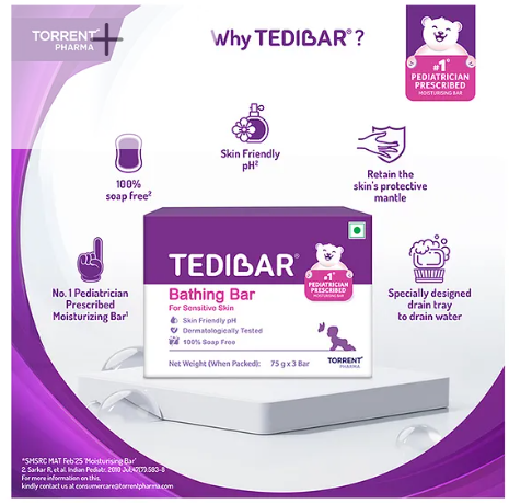 Torrent Pharma Tedibar Moisturising Baby Bathing Bar 75gx3 (Pack of 1) with Skin Friendly pH 100 Percent Soap Free Prevents Dryness & Rashes Dermatologically Tested - By - Image 2