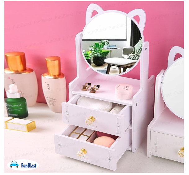 FunBlast Makeup Desk Organizer with Mirror – DIY Cosmetic Storage Box for Vanity Countertop & Dressing Table, Nail Polish, Lipstick, Brushes, Beauty Product Desktop Storage for Women & Girls (B)