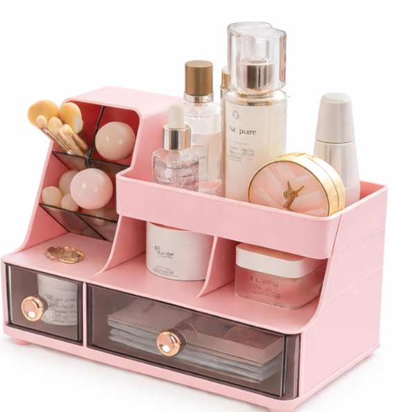 JIALTO Bathroom Cosmetic Organizerโ Multi Compartment Makeup Storage Box for Vanity, Skincare, Lipstick Holder with Transparent Drawers, Countertop Dressing Table Organizer (Pink)