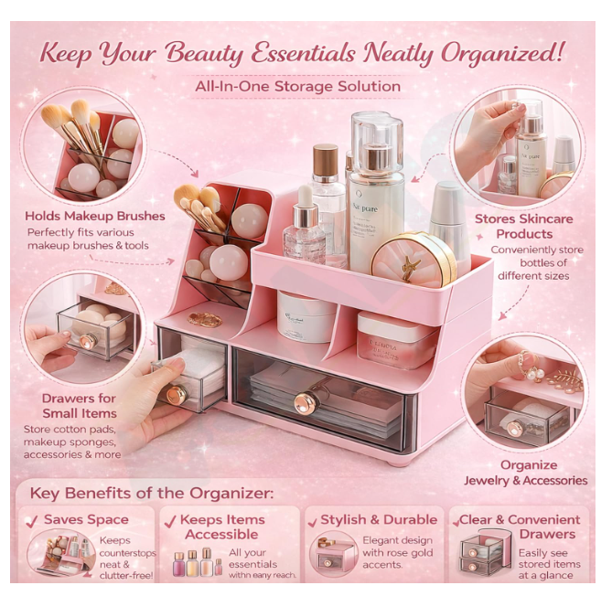 JIALTO Bathroom Cosmetic Organizerโ Multi Compartment Makeup Storage Box for Vanity, Skincare, Lipstick Holder with Transparent Drawers, Countertop Dressing Table Organizer (Pink) - Image 2