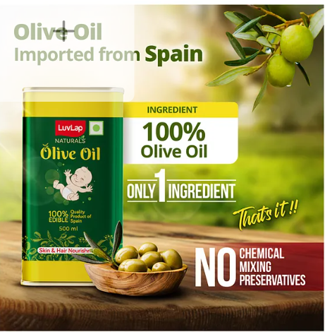 LuvLap Naturals Baby Body Massage Olive Oil, Spanish Premium Olive Oil, Enhances Bone & Muscle Strength, 500 ml, Green - Image 2
