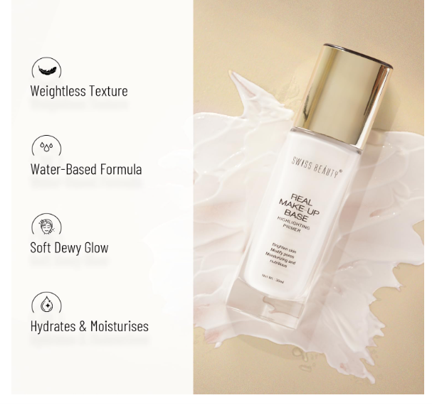 Swiss Beauty Real Makeup Base Highlighting Primer| Skin-Hydrating Poreless Primer With Natural Glow Finish For Face Makeup |Shade - 01 Natural Tint, 32Ml - Image 2