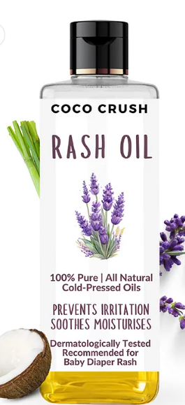 Coco Crush Rash Oil for Babies - Diaper & Nappy Rash Relief, Organic, Prevents Irritation - 200ml | 100% Natural Coconut, Lavender & Lemongrass Oils