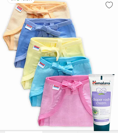 Babyhug U Shape Muslin Nappy Set Lace Extra Small Pack Of 5 - Multicolor- 1 Qty and Himalaya Herbal Diaper Rash Cream - 50 grams- 1 Qty