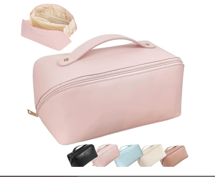 ANGENIL Makeup Pouch Bag, Travel Pouches for Women, Vanity Bag for Women Latest, Cosmetic Organizer, Travel Toiletry Bag, Mini Makeup Bag and Skincare Pouch, Leather Vanity Bag (Pink, Medium)