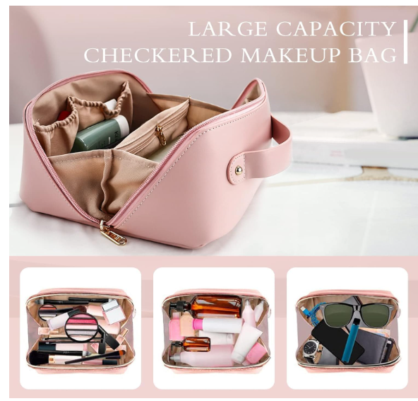 ANGENIL Makeup Pouch Bag, Travel Pouches for Women, Vanity Bag for Women Latest, Cosmetic Organizer, Travel Toiletry Bag, Mini Makeup Bag and Skincare Pouch, Leather Vanity Bag (Pink, Medium) - Image 2
