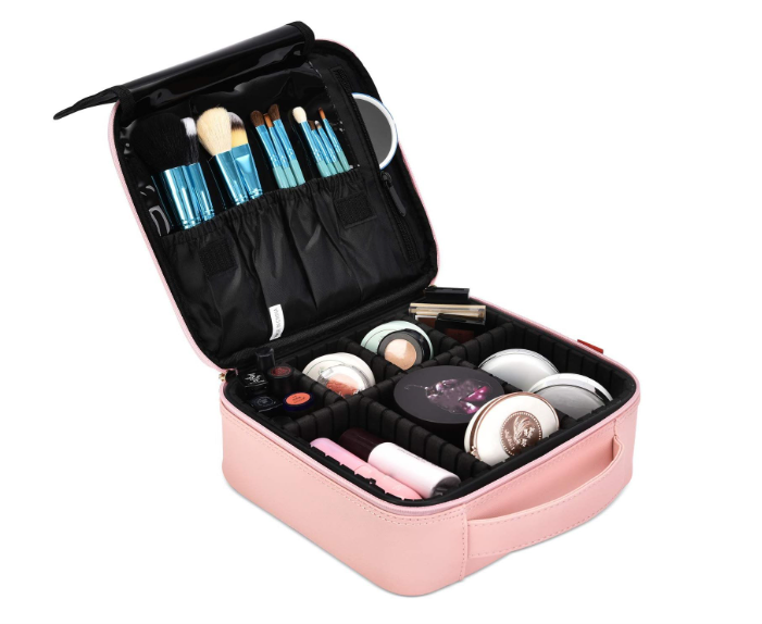INOVERA (LABEL) Faux Leather Makeup Organizer Bag for Women, Girls & Bride - Travel Cosmetic Kit Storage Organiser - Toiletry Vanity Box with Adjustable Compartment, 26l x 23b x 9h cm (Rose Gold)