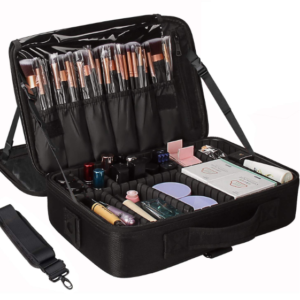 INOVERA (LABEL) Nylon Makeup Organizer Bag Professional Travel Cosmetic Bag Makeup Storage with Adjustable Compartment (Black, Medium (34L x 23B x 12H cm))