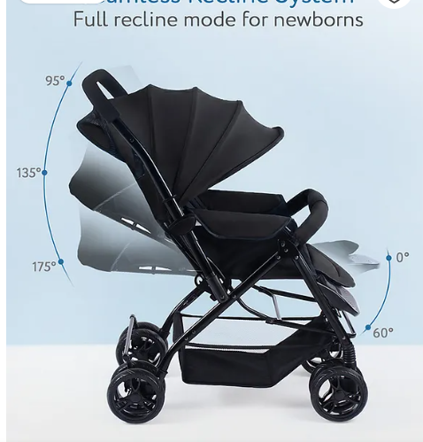 Babyhug Symphony Stroller With Reversible Handle & Mosquito Net- Black| Multi-Reclining Seat| Adjustable Legrest| Storage Basket| Linked Brake| Peek-a-boo Window| Padded Cushion| Lockable Swivel Wheel - Image 2