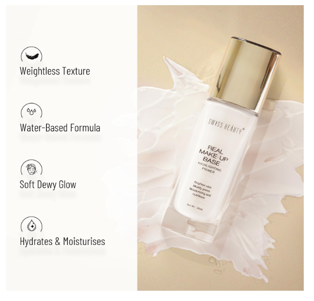 Swiss Beauty Real Makeup Base Highlighting Primer| Skin-Hydrating Poreless Primer With Natural Glow Finish For Face Makeup |Shade - 03 Pink Tint, 32Ml - Image 3